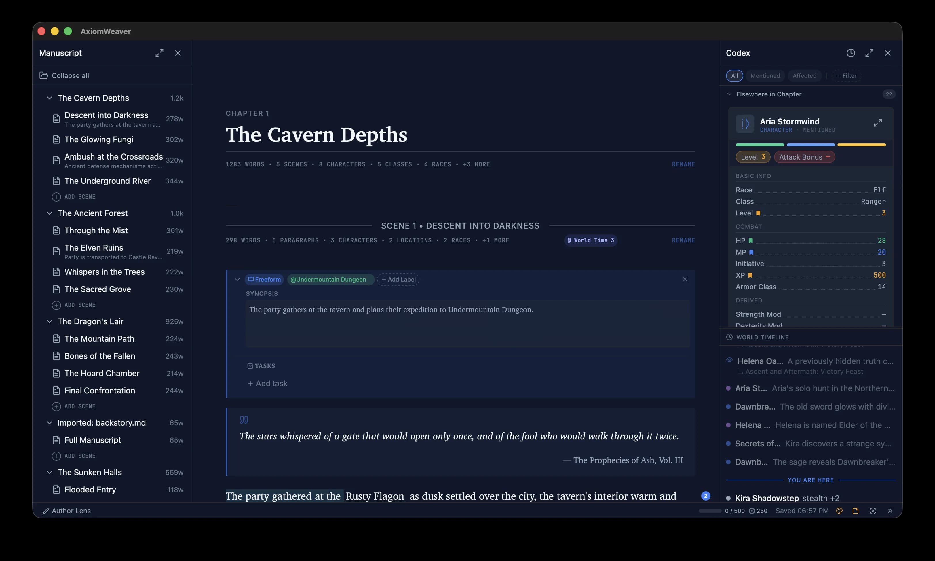 AxiomWeaver full editor with manuscript tree and context panel